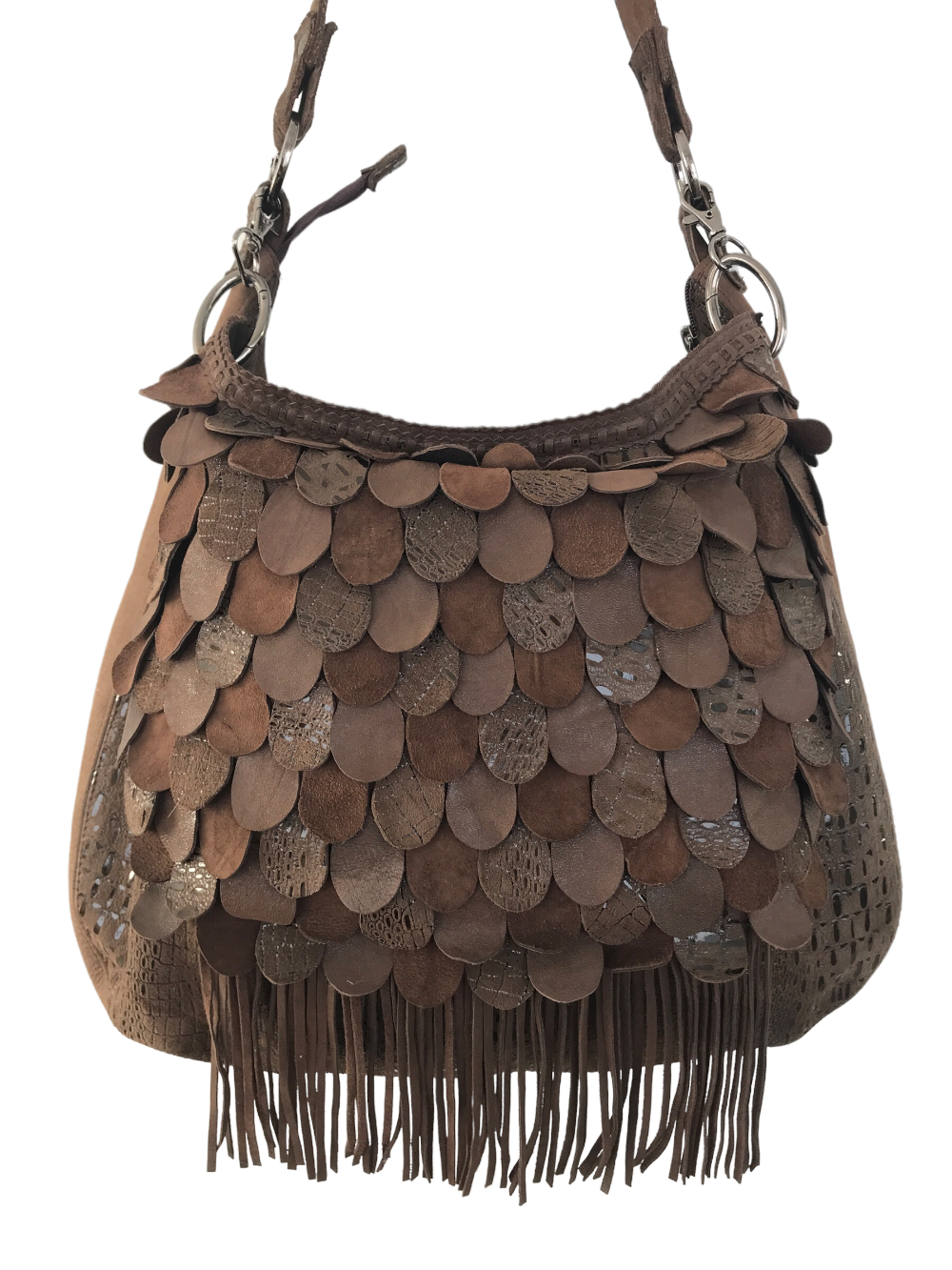 картинка кожаные  "Вестерн" - Женская сумка из кожи с декором из кожаных "чешуек", 3 в 1, коричневая   от Ирины Берзиной