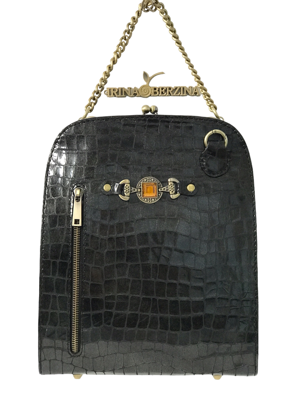 картинка кожаные  "Камалия-10" - Женская кожаная сумка с двойным фермуаром.Темный графит, крокодил, тиснение, антик от Ирины Берзиной