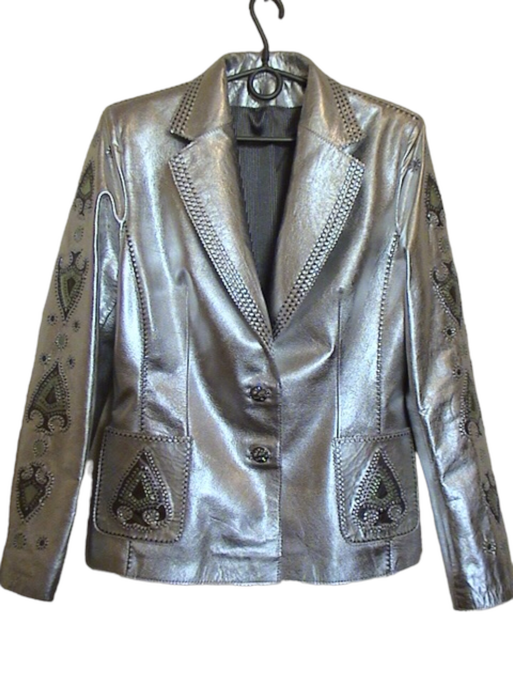 картинка кожаные  "Монке" - Женский кожаный жакет, цвет серебро, авторский декор от Ирины Берзиной