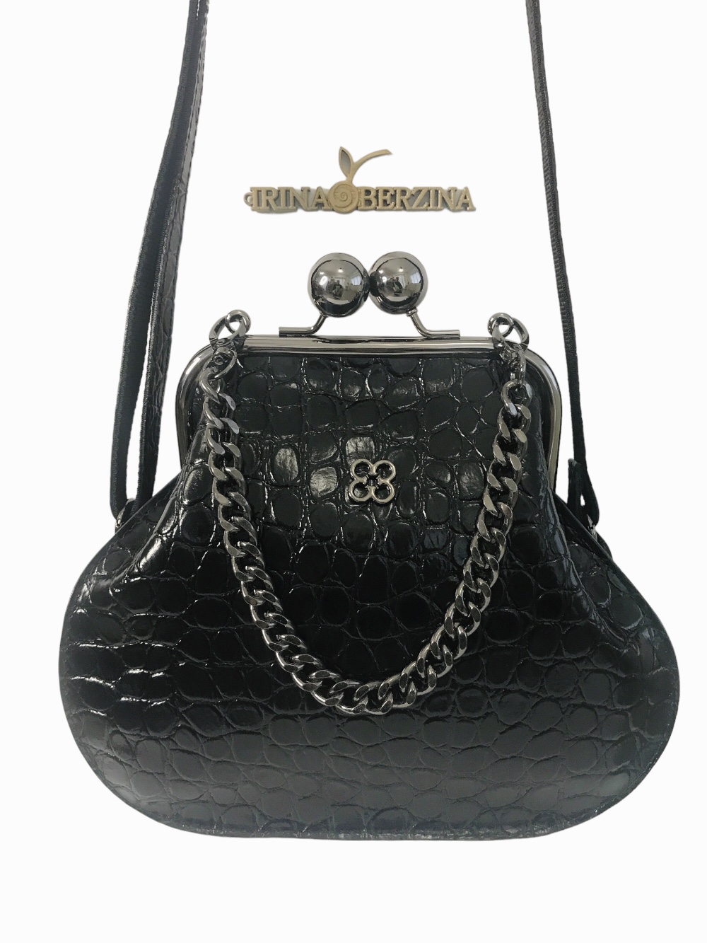 картинка кожаные  "Рета-06" - Женская кожаная сумка с фермуаром. Черный крокодил, тиснение, 16 см, горохи от Ирины Берзиной