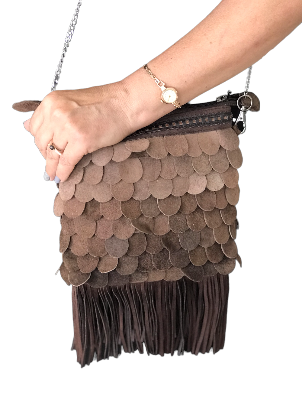 картинка кожаные  "Русалка-10" - Сумка женская с кожаными чешуйками, коричневая меланж от Ирины Берзиной