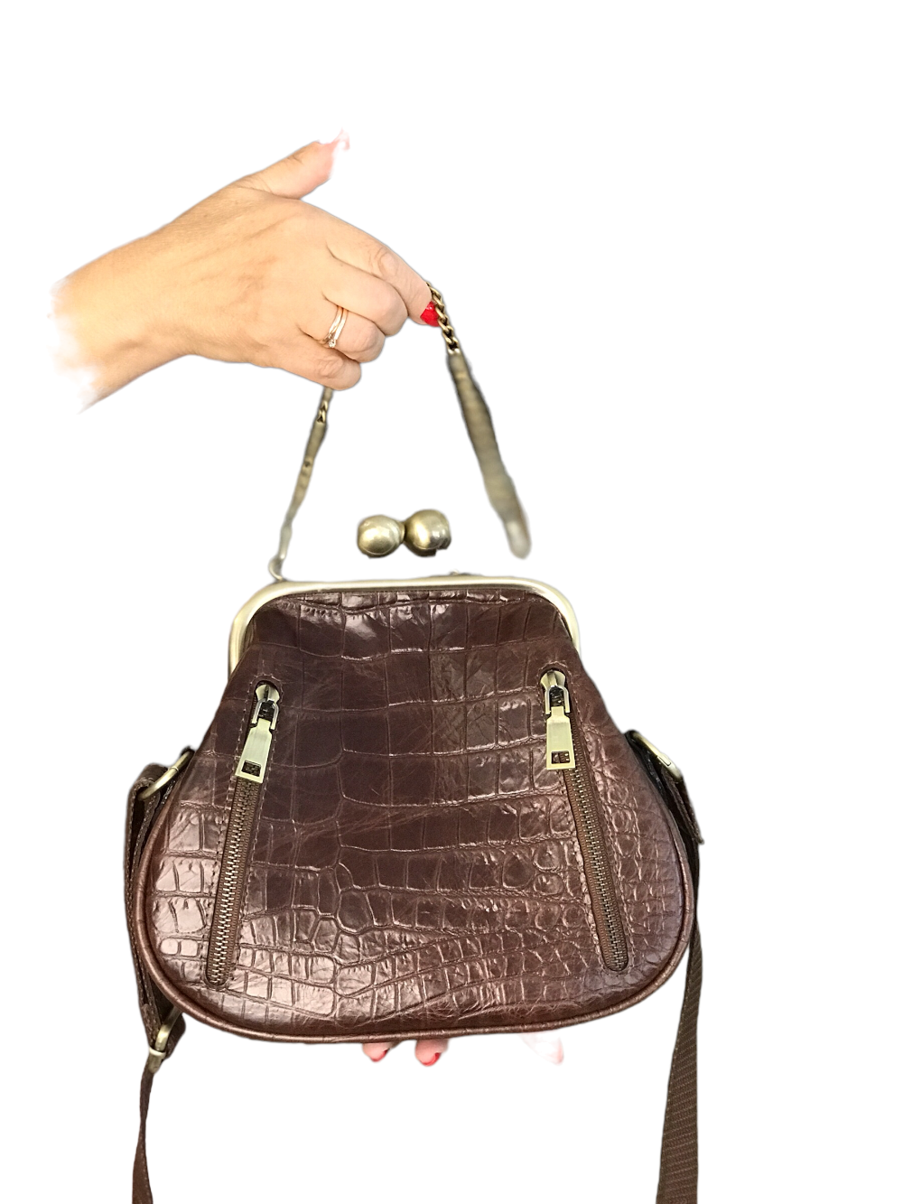 картинка кожаные  "Рета-05" - Женская кожаная сумка с фермуаром. Коричневый крокодил, тиснение, 16 см, горохи, антик от Ирины Берзиной