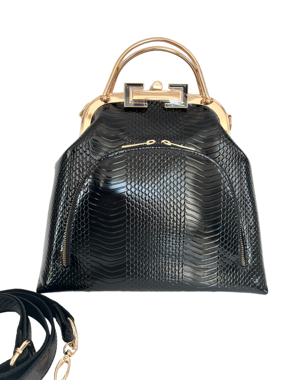 картинка кожаные  "Лерден-18" - Женская сумка из кожи с фермуаром. Черная змея, лак, тиснение, золото от Ирины Берзиной