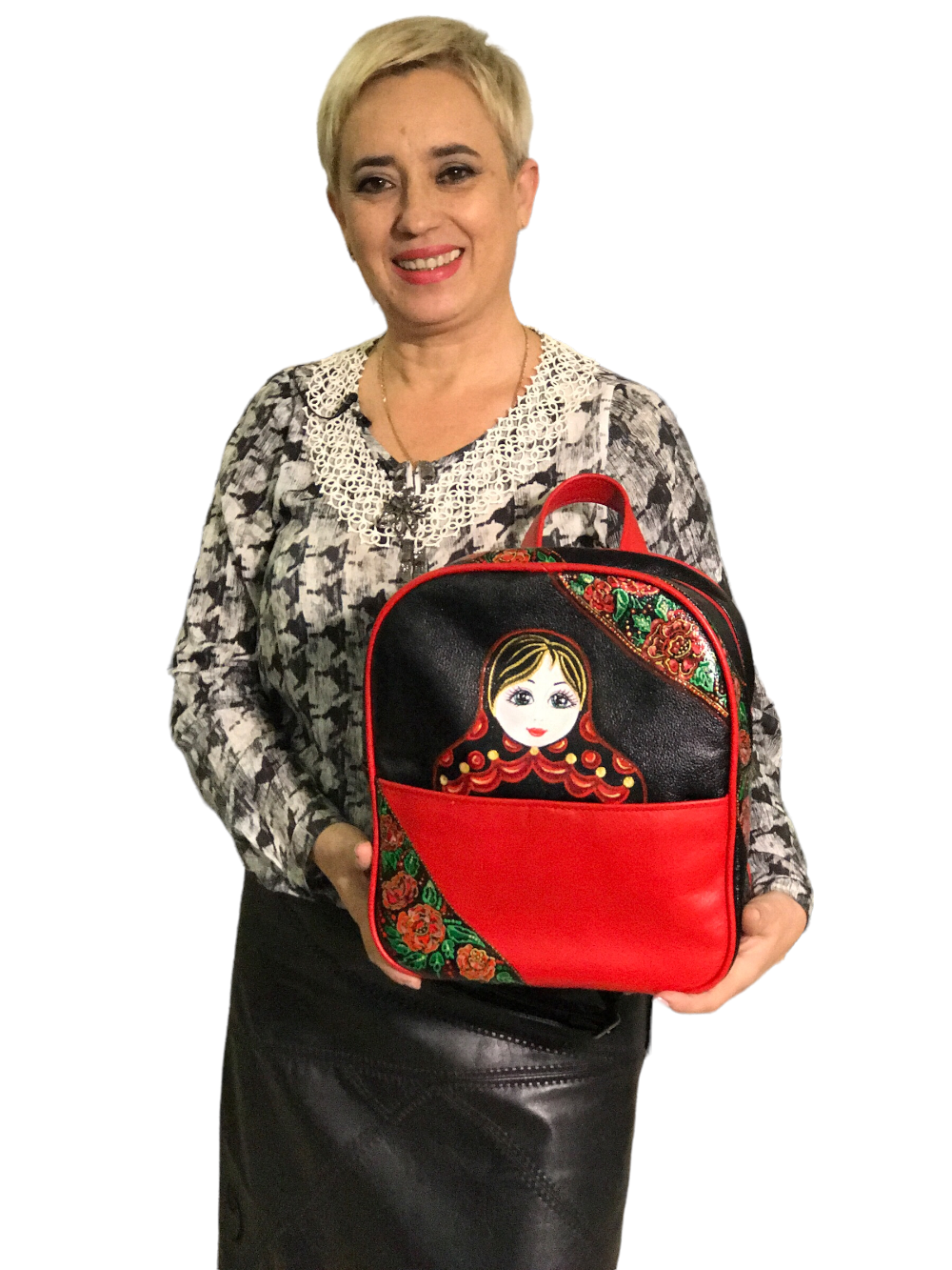 картинка кожаные   "Матрешка" - Рюкзак женский из кожи с ручной росписью от Ирины Берзиной