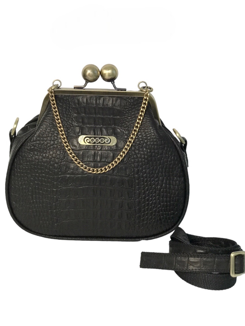 картинка кожаные  "Рета-08" - Женская кожаная сумка с фермуаром. Черный крокодил, тиснение, 16 см, горохи, антик от Ирины Берзиной